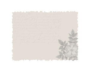 Digital scrapbooking element antique vintage letter with torn edges, rosehip flower print and Lorem imsum text, for vintage collage design. Vector illustration