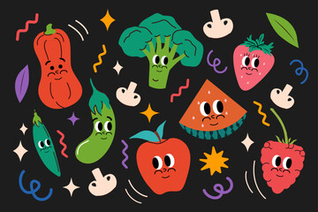 A set of fruit and vegetables in trendy groovy style. Vector illustration. Isolated. Hand drawn funky style. Face and emotions. Vintage and retro poster aesthetics. Doodle pattern. 2000s. Sticker pack