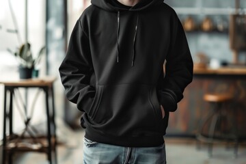 mockup of a man wearing Unisex hoodie in black color. Emphasize the fit and comfort - obrazy, fototapety, plakaty