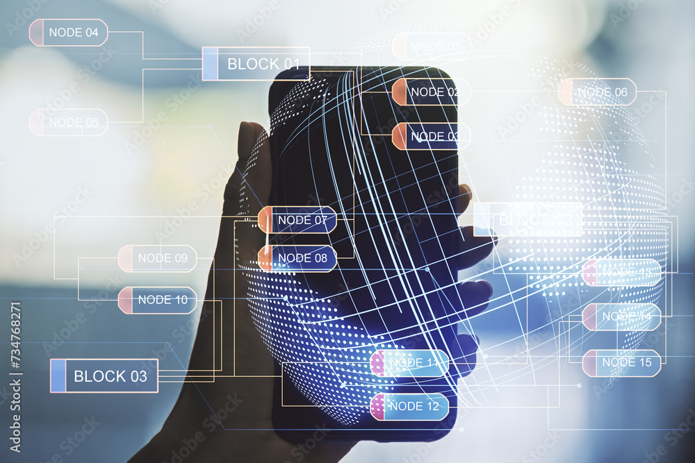 Poster Abstract creative coding concept with world map and hand with phone on background. Multiexposure