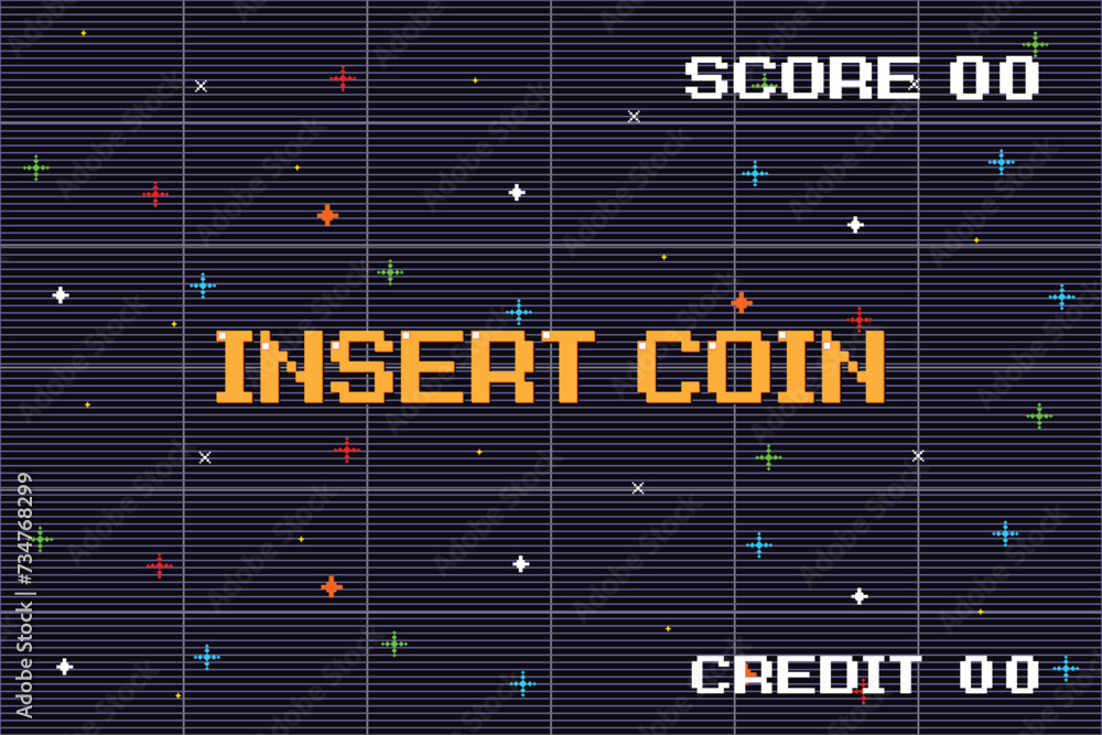 Poster insert coin to continue. pixel art .8 bit game. retro game. for game assets in vector illustrations.