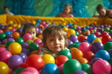 Fototapeta na wymiar toddlers in a ball pit with multicolored plastic balls