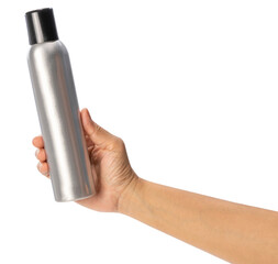 Female hand holding a spray can on white background, Silver perfume spray can or deodorizing spray isoalate on white PNG File.