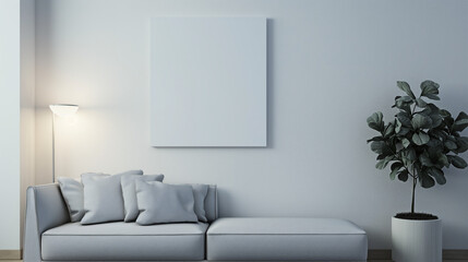 A small white canvas hangs on the living room wall. Generative AI