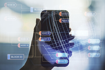 Abstract creative coding concept with world map and hand with phone on background. Multiexposure