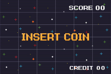 INSERT COIN TO CONTINUE. pixel art .8 bit game. retro game. for game assets in vector illustrations.	