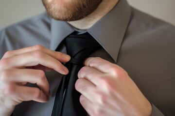 closeup of man fixing a skinny black tie
