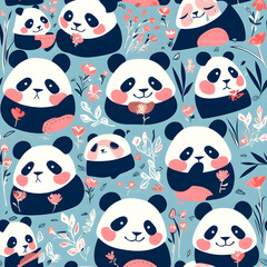 Cute panda cartoon seamless pattern on background.