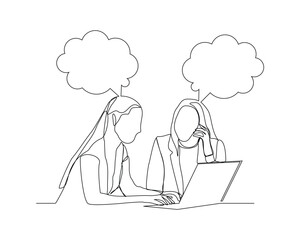 continuous single line sketch drawing of two women coworker talking something on laptop, bubble chat talk. One line art of office worker employee vector illustration