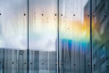 a rainbow appearing in the reflection on a wet glass facade