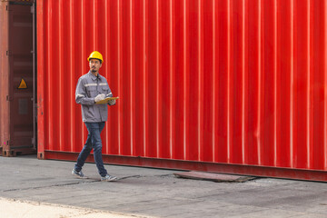 Cargo container yard working staff walk check looking for import export customs service team officer