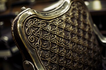 closeup of the intricate pattern on the backrest of an old barber chair