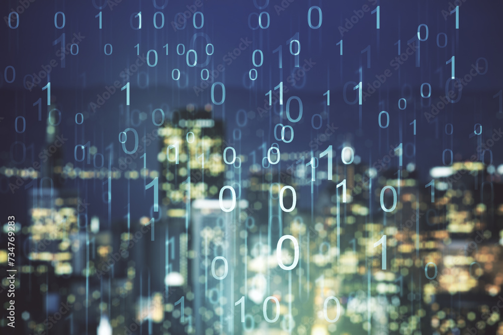 Aufkleber Abstract virtual binary code hologram on blurry skyscrapers background, AI and machine learning concept. Multiexposure