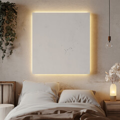 A white canvas hangs on the bedroom wall with LED light. Generative AI