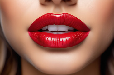 Fototapeta premium Bright red lipstick on female lips. White teeth. Body part.