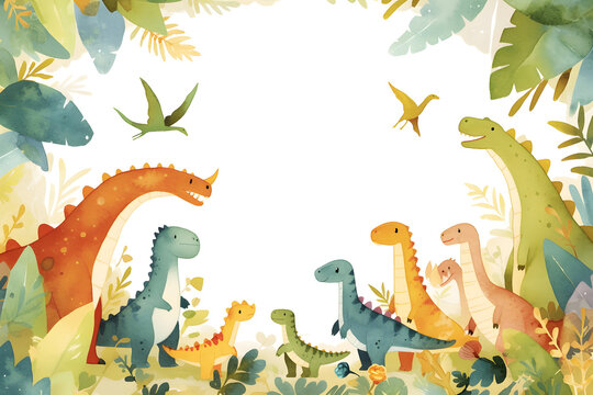 Cute cartoon dinosaur frame border on background in watercolor style.