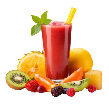 fruit cocktail with kiwi and strawberry. Freshly Pressed Fruit Juice Smoothie with Fruits isolated on white and transparent background. Ideal for use in advertising. Generative ai