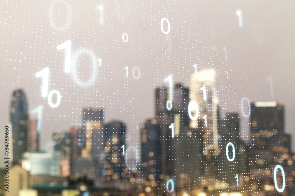 Fototapete double exposure of abstract virtual binary code hologram on blurry cityscape background. database an