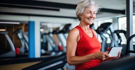 Obraz premium Active senior woman uses a fitness app in the gym, showcasing health and technology.