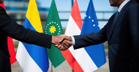 Two presidents shaking hands at a summit, symbolizing diplomacy and international relations.