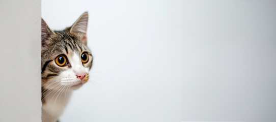 Banner Funny cat peeks out from behind the wall. Copy space. Cat looks out, cat on white background peeks around the corner. A smart, playful and curious kitten looks into the camera.