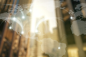Abstract graphic digital world map hologram with connections on modern architecture background, globalization concept. Multiexposure