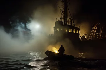 Papier Peint photo Naufrage person in dinghy escaping from smoky ship at night