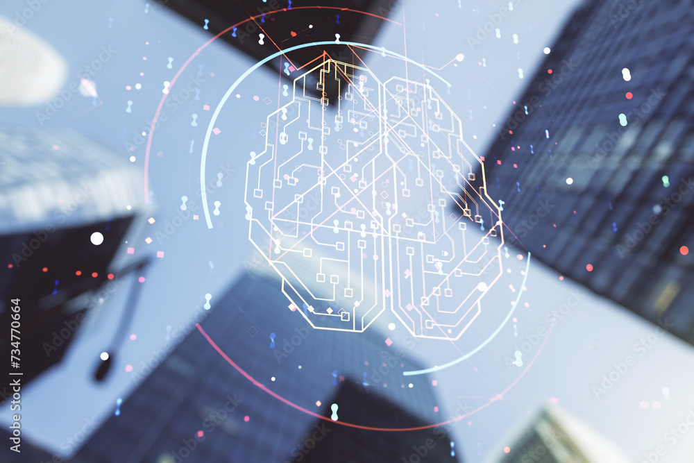 Poster double exposure of creative artificial intelligence interface on modern skyscrapers background. neur