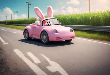 White little bunny driving the car near green farms, car driving on the road, Happy Easter Bunny...