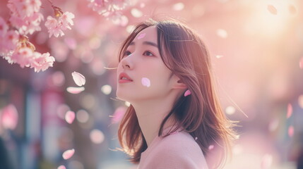 A lovely and pretty Asian girl standing under a cherry blossom tree with fluttering cherry blossom petals. Cherry Blossom Street. Spring background. Face closeup. Generative AI - obrazy, fototapety, plakaty