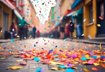 party streamers and colorful confetti on the street at the carnival blurred the background banner