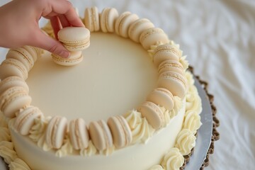 person placing macarons around the edge of a buttercream cake - obrazy, fototapety, plakaty