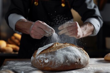 baker in uniform sprinkling flour onto sourdough loaf - obrazy, fototapety, plakaty