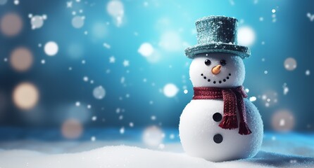 cute snowman standing on snowy field in winter