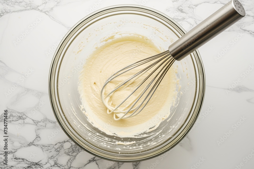 Sticker whisking batter in a glass bowl with a balloon whisk