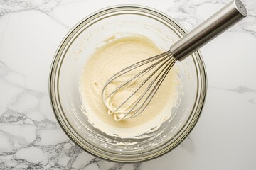 whisking batter in a glass bowl with a balloon whisk