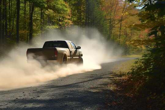 pickup truck kicking up dust on a gravel road in woods