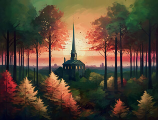 Sunset in the forest with a church in the foreground, illustration.