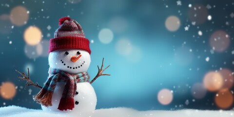 Fototapeta premium cute snowman standing on snowy field in winter
