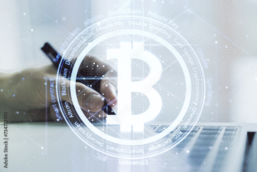 Poster creative bitcoin concept with hand writing in notebook on background with laptop. multiexposure