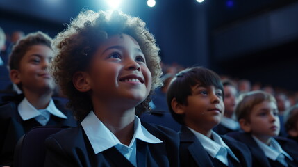 A close-up of the face of a curly-haired boy smiling brightly while numerous children wearing identical school uniforms sit together in the auditorium and look at the stage. Generative AI - obrazy, fototapety, plakaty
