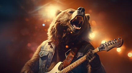 Portrait of a funny grizzly bear rock super star - obrazy, fototapety, plakaty