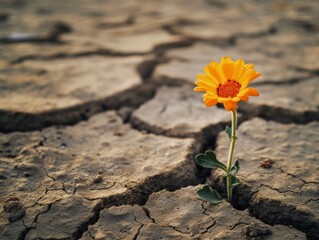 Vibrant yellow flower sprouting from cracked earth, symbolizing hope and the power of life through adversity