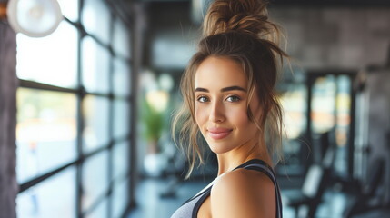 an attractive, 29 year old female fitness trainer, gym background with large windows, copy space - Generative AI