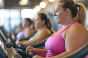 Overweight women working hard on treadmills in the gym - Generative AI