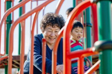 Obraz premium Active Senior Asian Woman Enjoying Time With Grandchild at Playground. Joyful Grandmother and Boy Engaging in Outdoor Play, Embracing Generational Bond