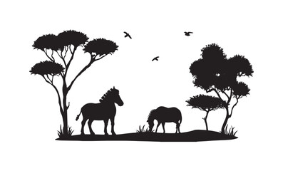 африканские животные и деревья вектор силуэт. силуэт зебр и африканский пейзаж вектор
