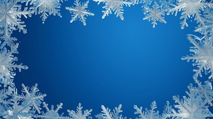Fototapeta na wymiar Frame arranged with snow crystals on a blue background. Winter concept. Center copy space. Generative AI