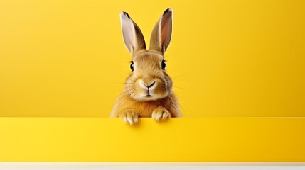 Portrait of a funny rabbit with a blank banner. Copy-space