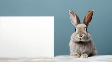 Fototapeta premium Portrait of a funny rabbit with a blank banner. Copy-space